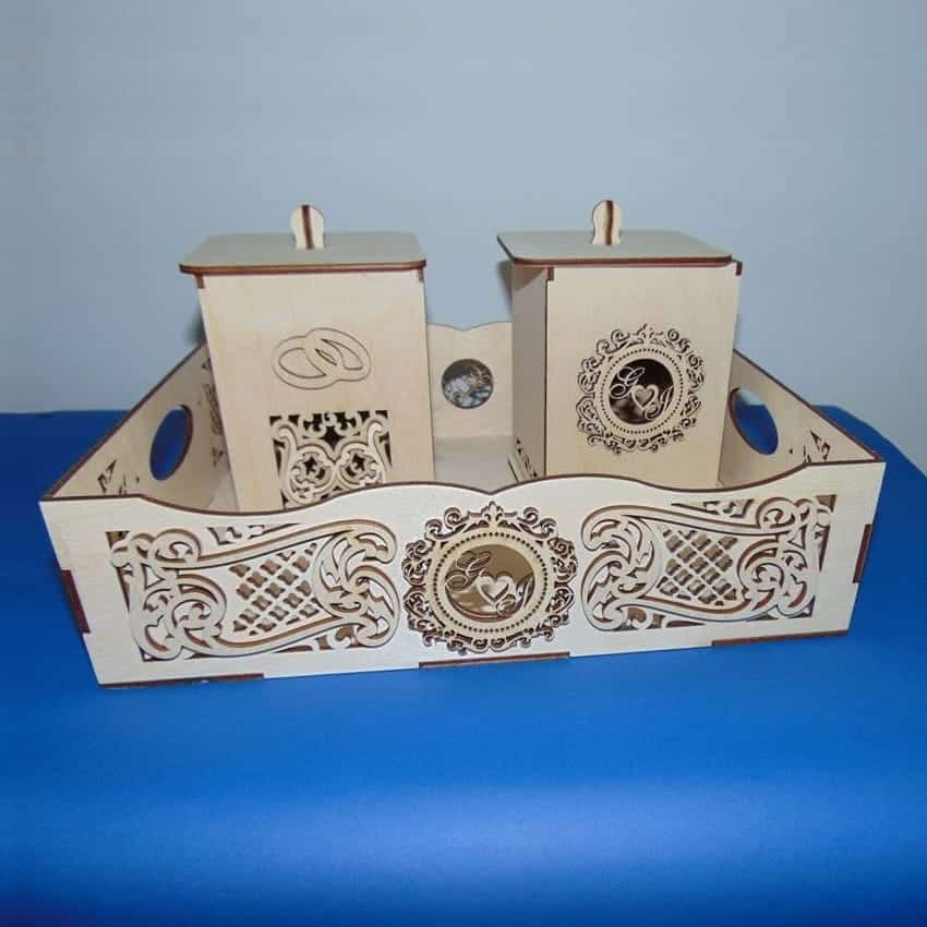 Decorative Wood Serving Tray with Two Boxes Gift for Couple Laser Cut File
