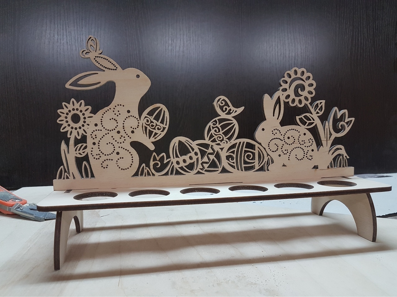 Wooden Easter Egg Stand with Flowers and Rabbits Laser Cut File