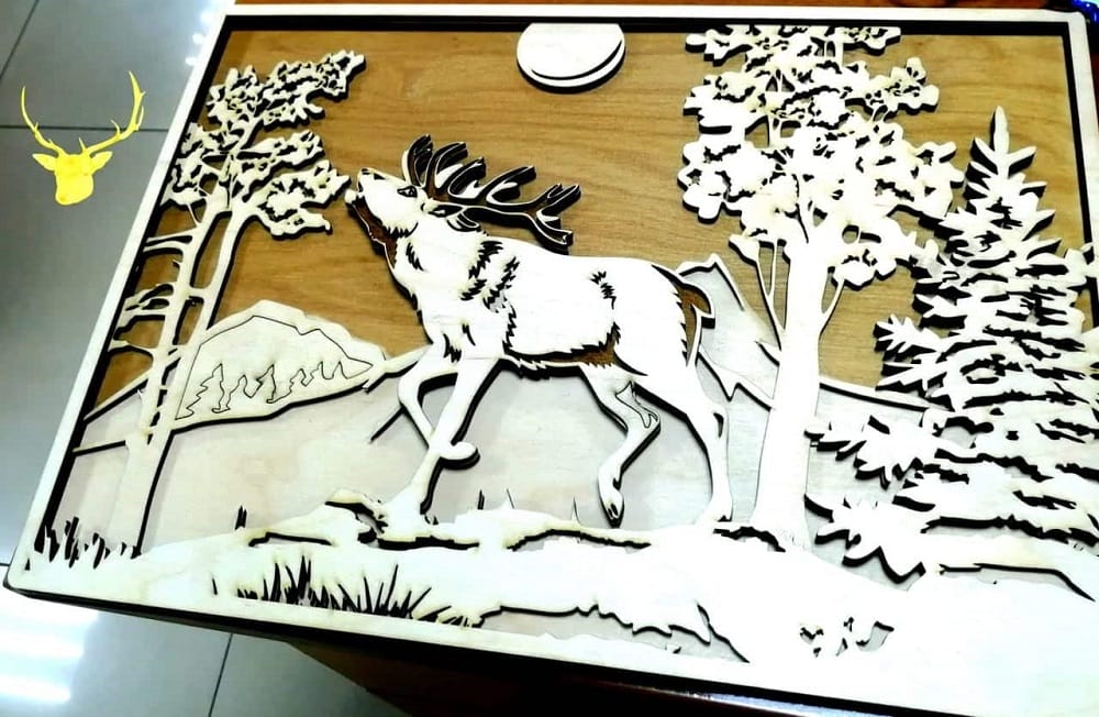 3D Elk in a Forest Scene Wood Wall Art Decor Laser Cut File