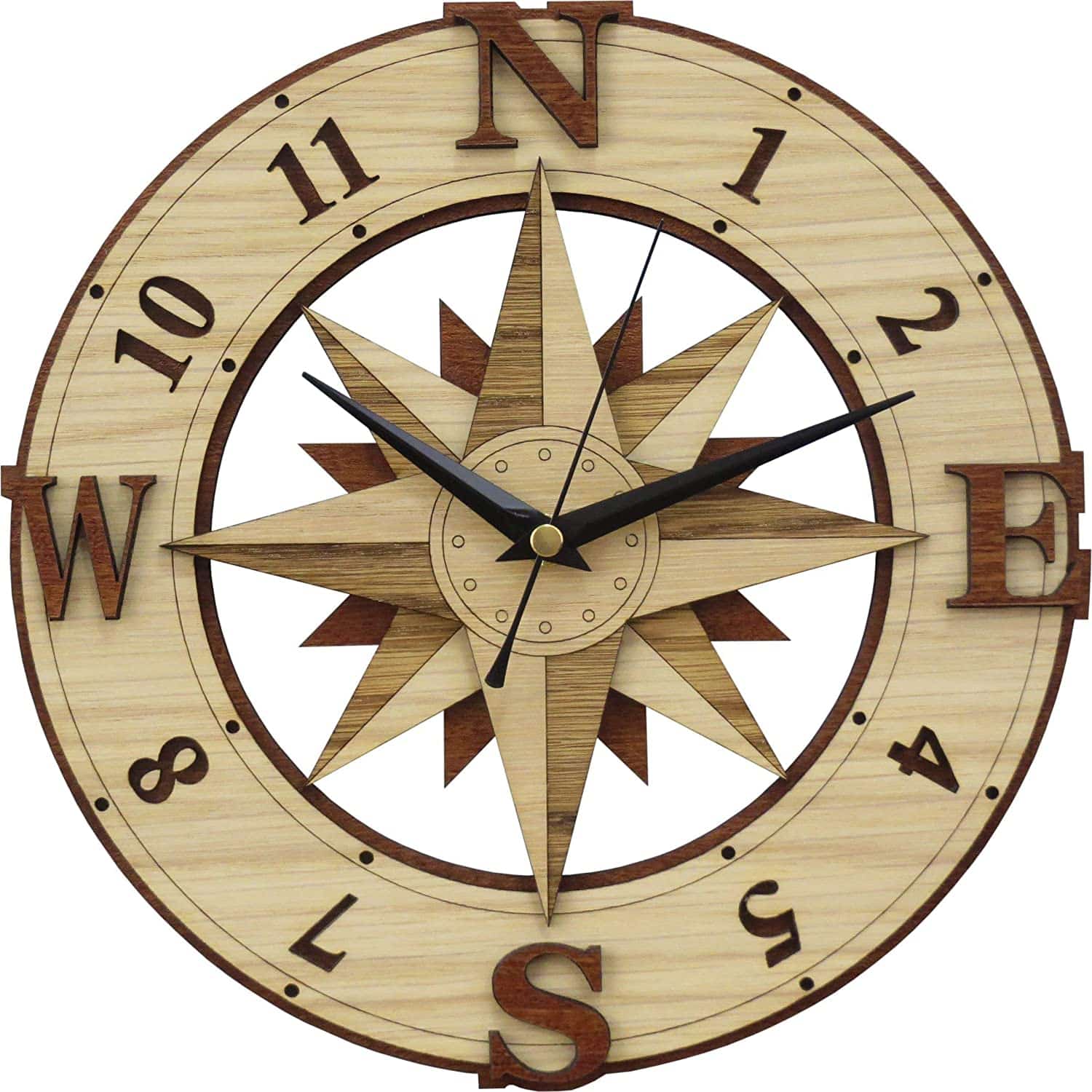 Laser Cut Wind Rose Compass Wooden Wall Clock