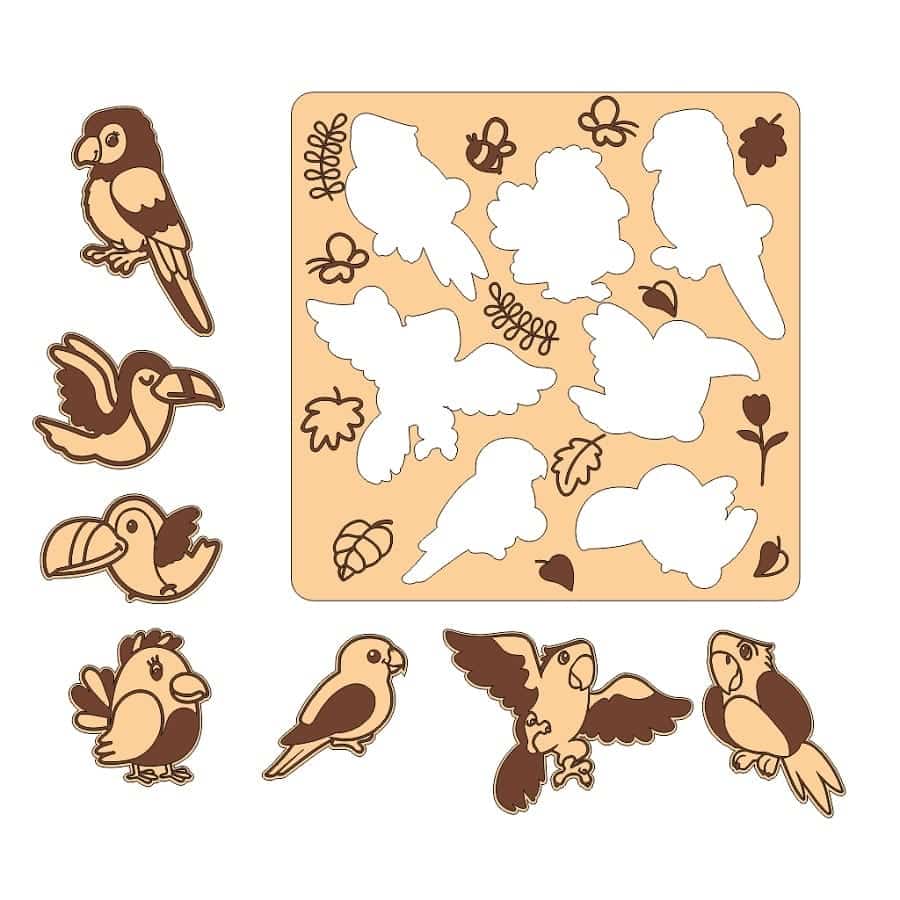 Bird Themed Wooden Puzzle Board Early Learning Fun Toy for Kids Laser Cut File