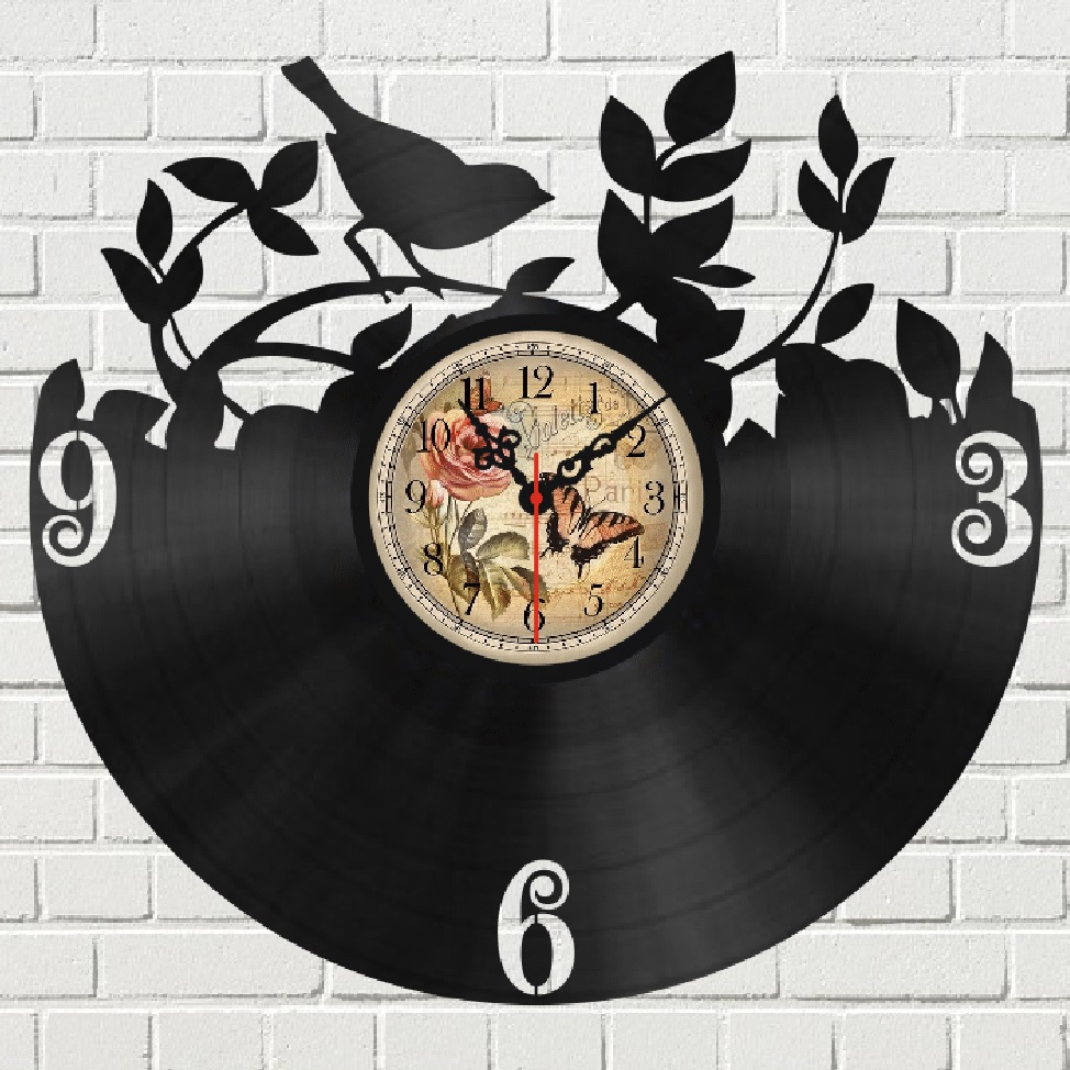 Bird on Branch Vinyl Record Wall Clock Laser Cut File