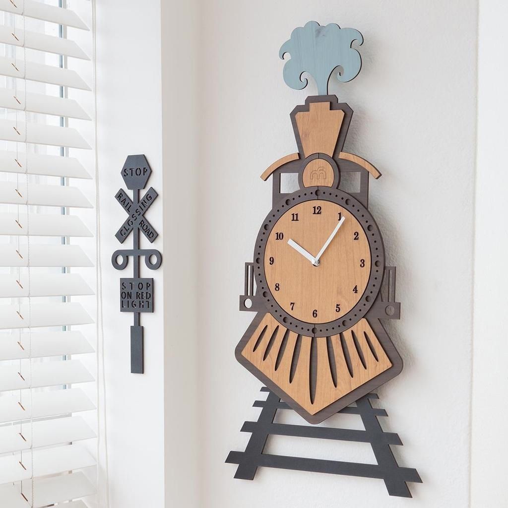 Whimsical Wooden Train Wall Clock for Kids Room Laser Cut File