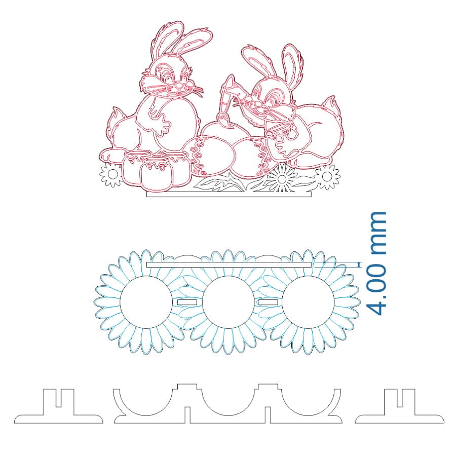 Easter Egg Stand with Bunnies for 3 Eggs Laser Cut File
