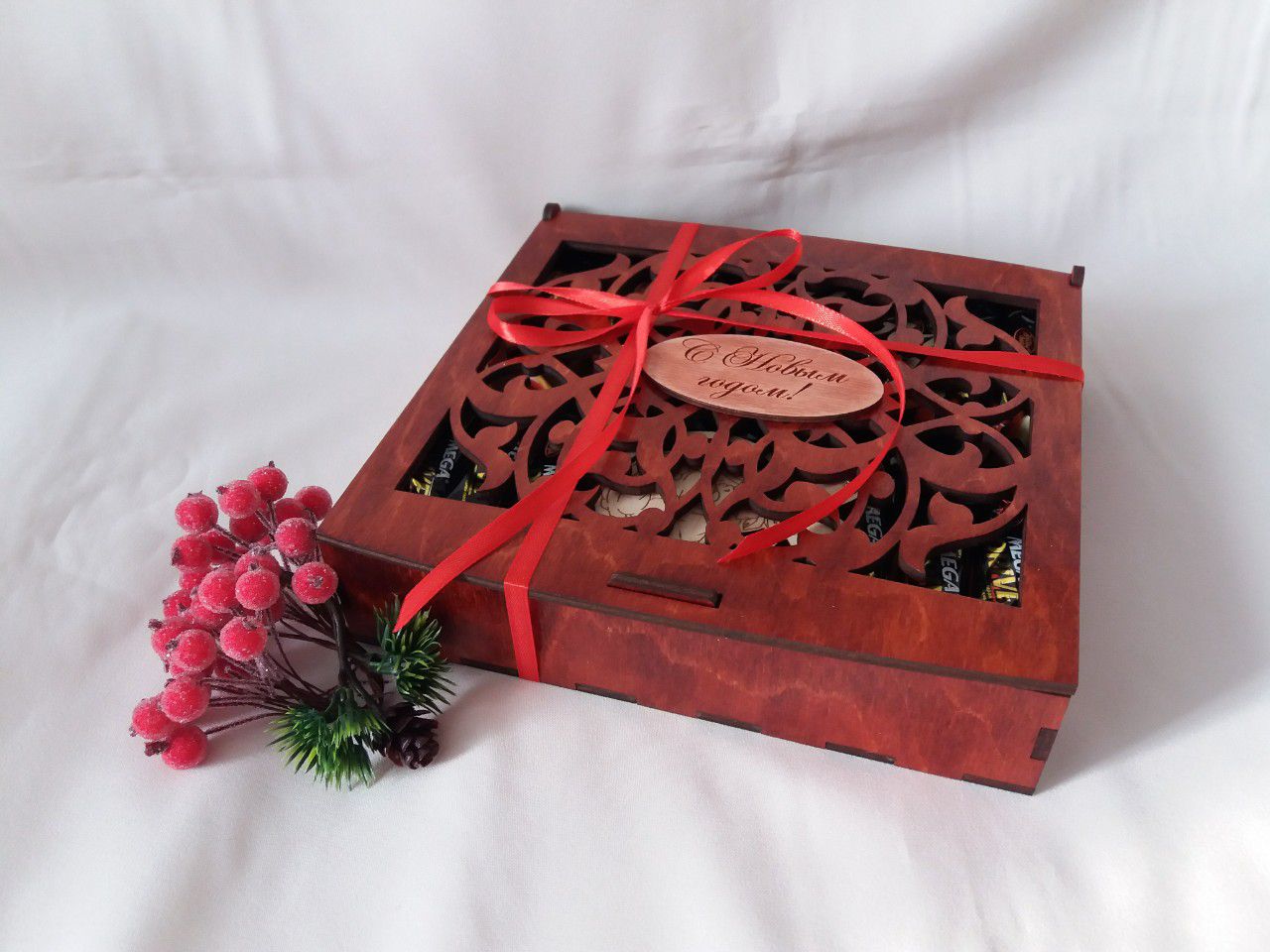 Laser Cut New Year Wooden Gift Box with Hinged Lid