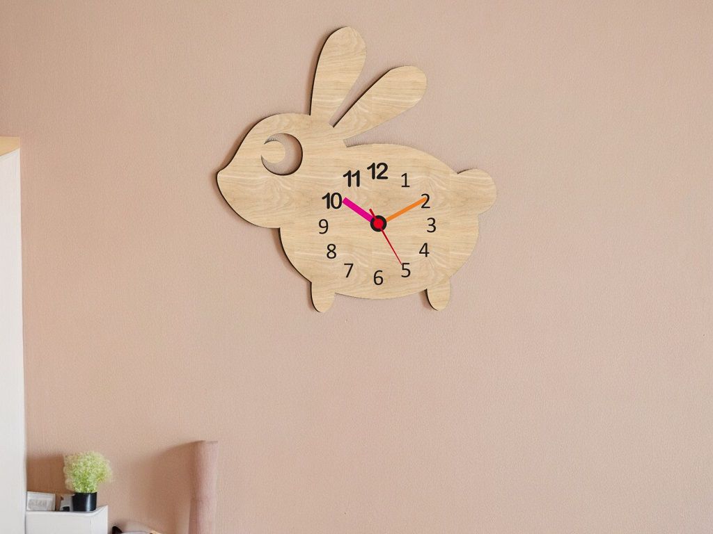 Laser Cut Wooden Rabbit Wall Clock for Kids Room