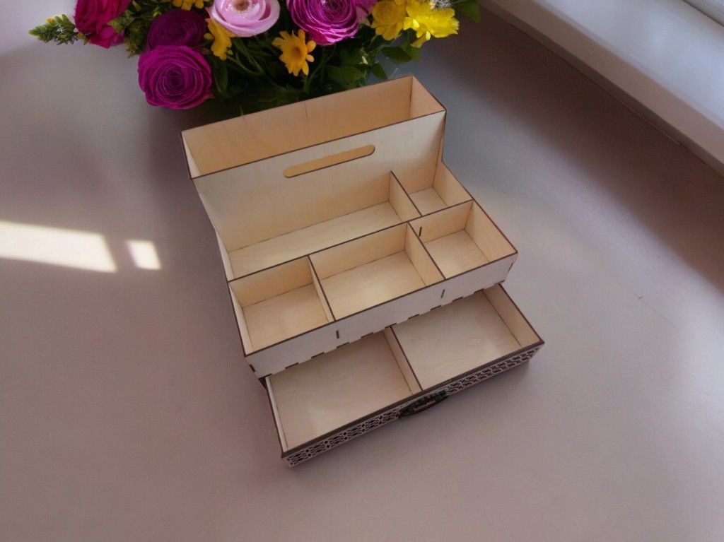Laser Cut Wood Desk Organizer with Drawer Vector