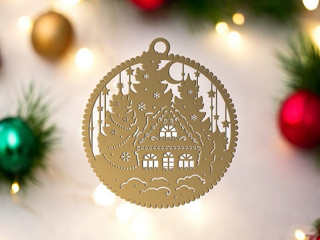 Laser Cut Christmas Village Scene Ball Ornament Vector