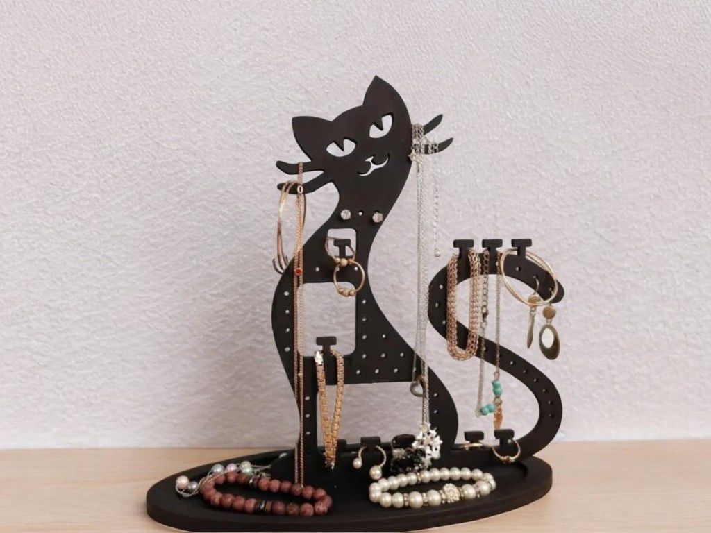 Laser Cut Cat Necklace Earring Jewelry Holder Stand Vector