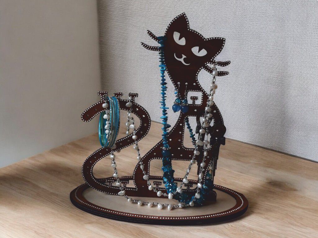 Laser Cut Cat Necklace Earring Jewelry Holder Stand Vector