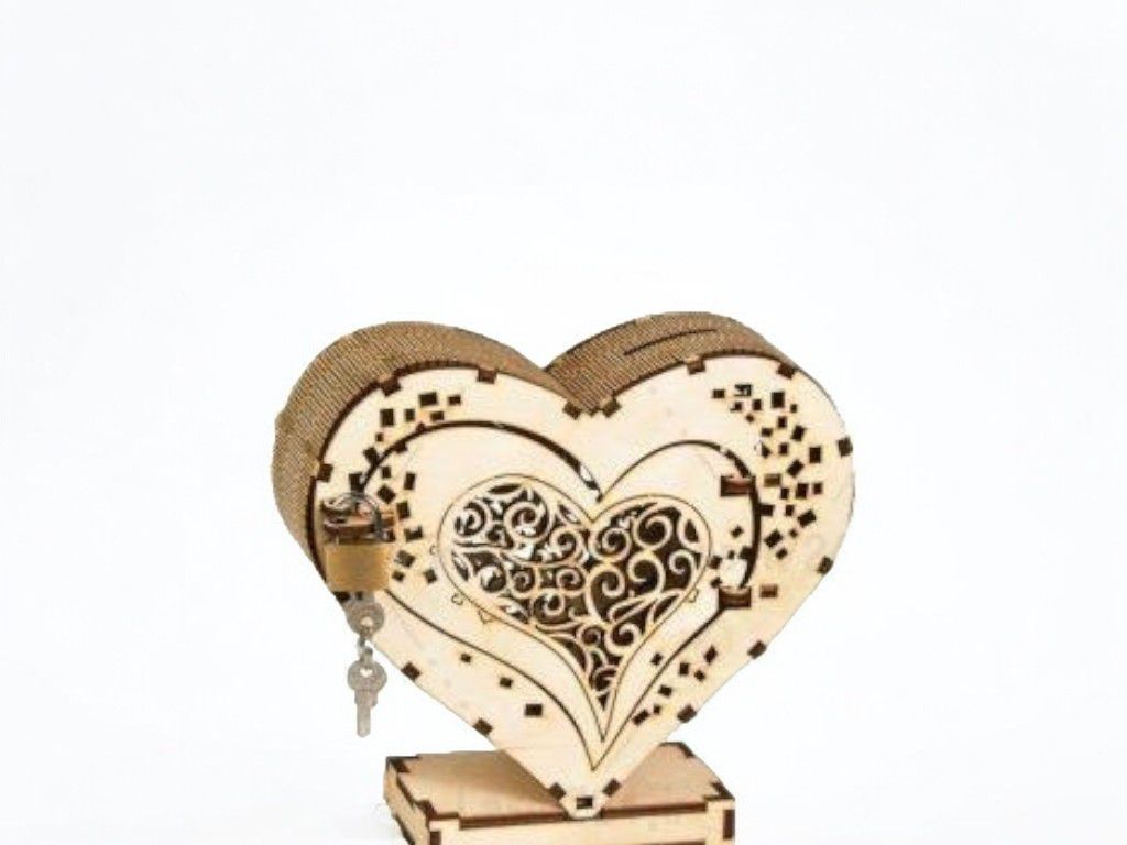 Laser Cut Wooden Heart Box with Lock Vector
