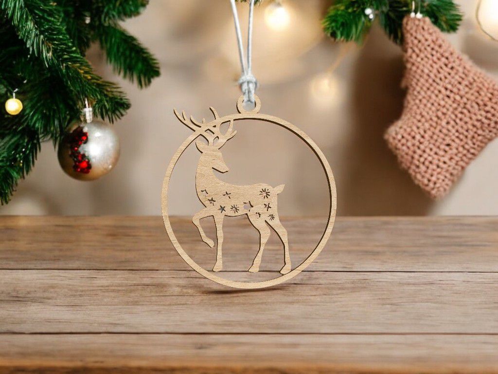 Laser Cut Deer Round Christmas Ornament Vector