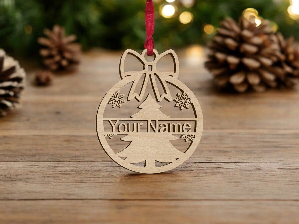 Laser Cut Personalized Ribbon Christmas Ornament Vector