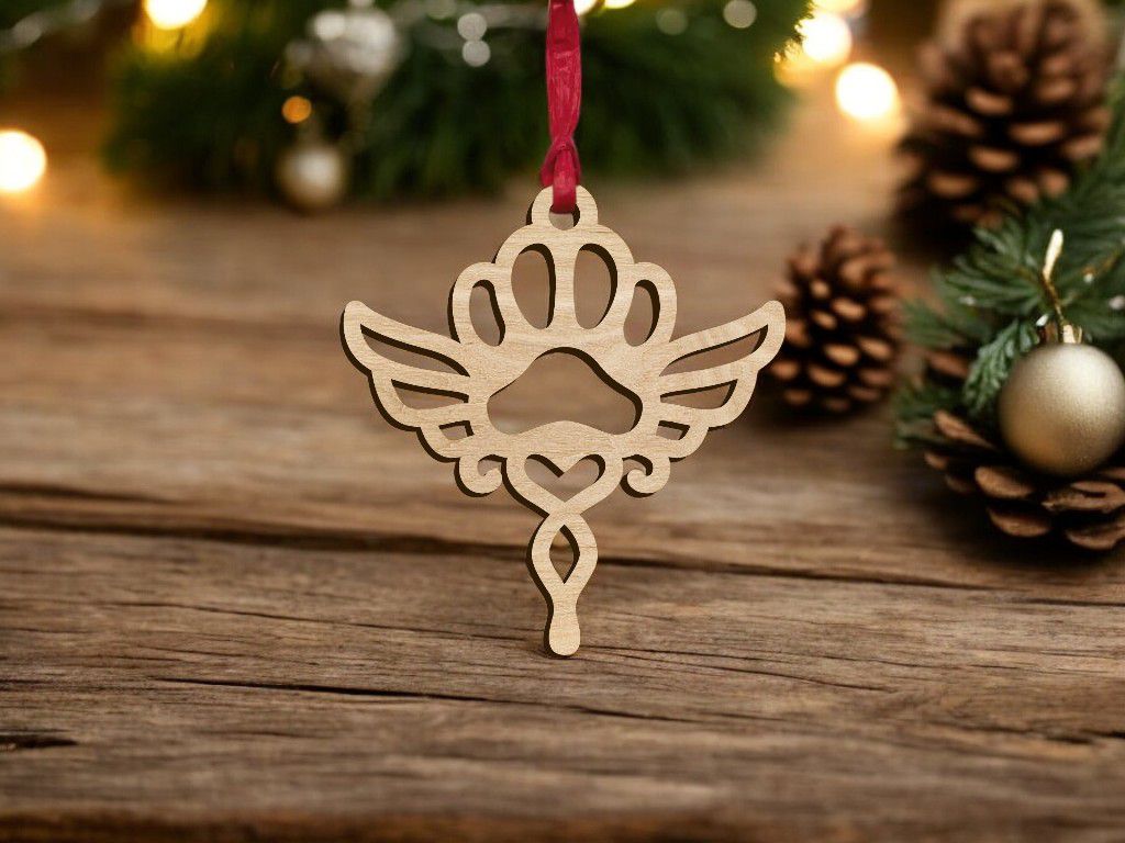 Laser Cut Angel Wings with Paw Print Ornament Vector