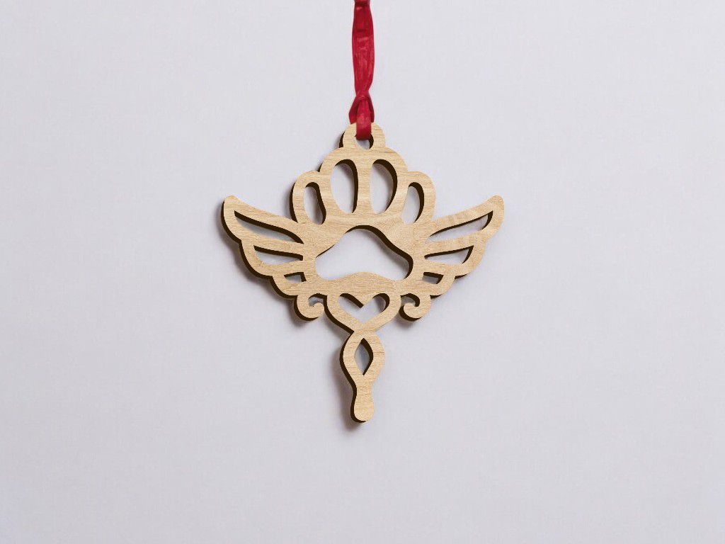 Laser Cut Angel Wings with Paw Print Ornament Vector