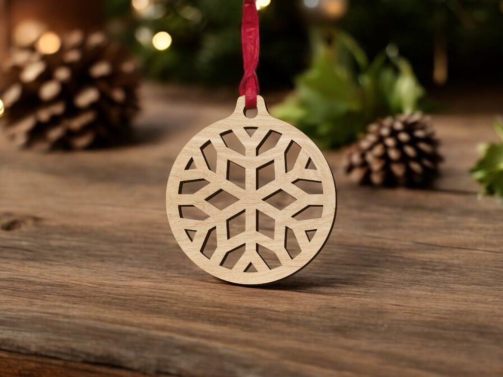 Laser Cut Wooden Ornament with Snowflake Design Vector