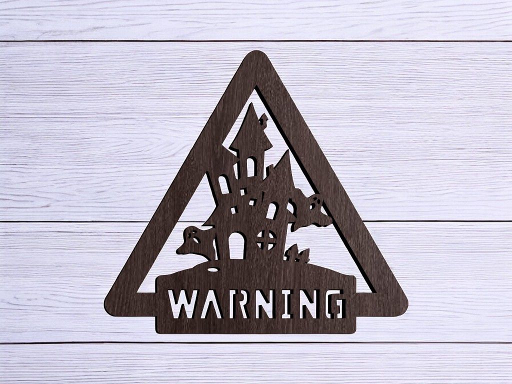 Laser Cut Halloween Warning Sign with Haunted House Vector
