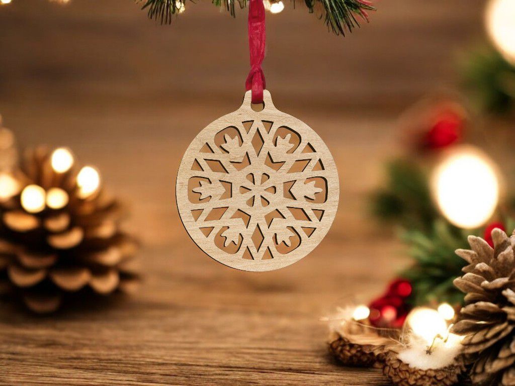 Laser Cut Snowflake Wooden Bauble Decoration Vector
