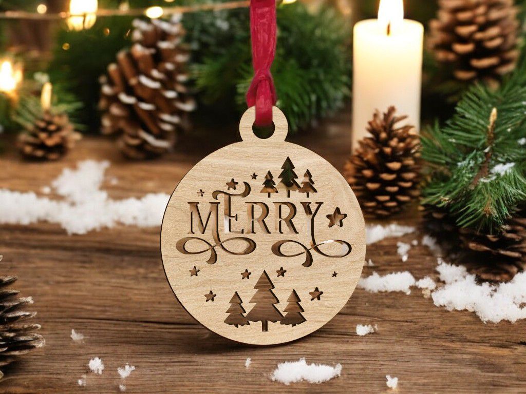 Laser Cut Merry Christmas Bauble Tree Decoration Vector