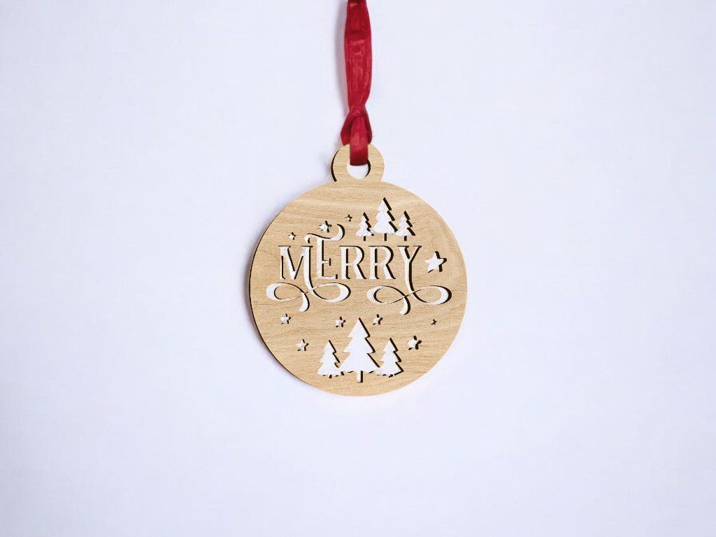 Laser Cut Merry Christmas Bauble Tree Decoration Vector