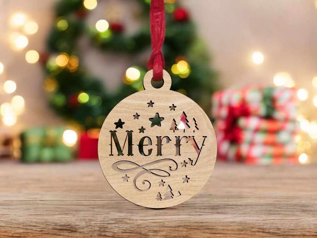 Laser Cut Merry Christmas Bauble Ornament Vector