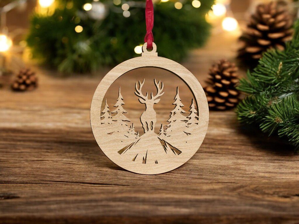 Laser Cut Reindeer Woodland Scene Bauble Vector