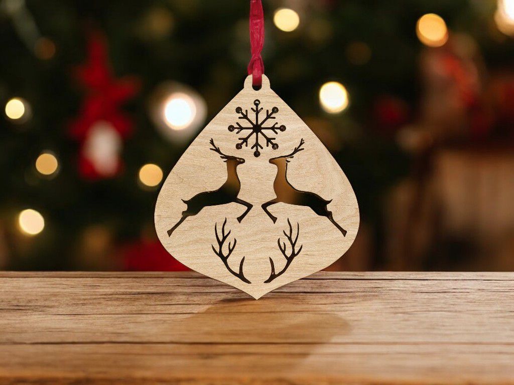 Laser Cut Ornament with Deer and Snowflake Vector