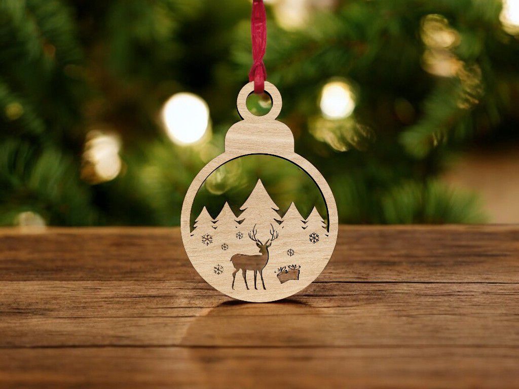 Laser Cut Christmas Ornament with Deer in Trees Vector