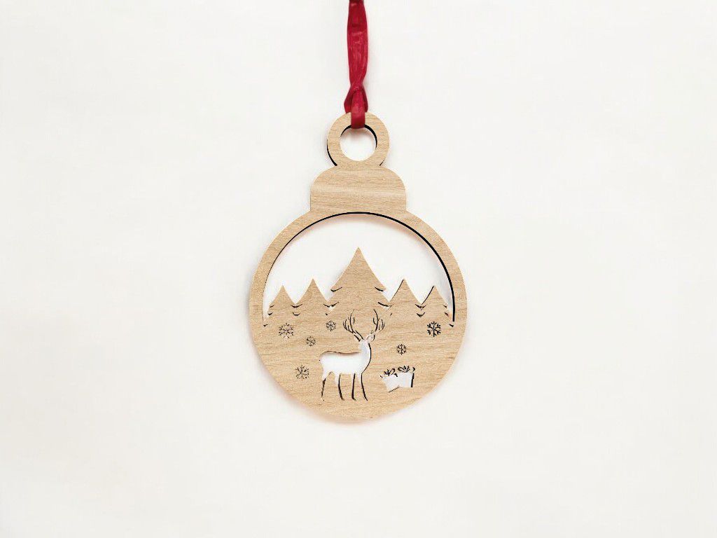 Laser Cut Christmas Ornament with Deer in Trees Vector