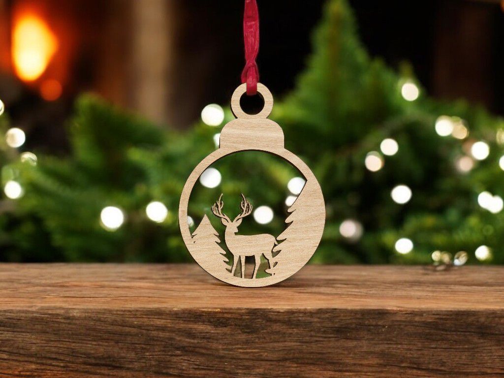 Laser Cut Deer in the Woods Christmas Tree Bauble Vector