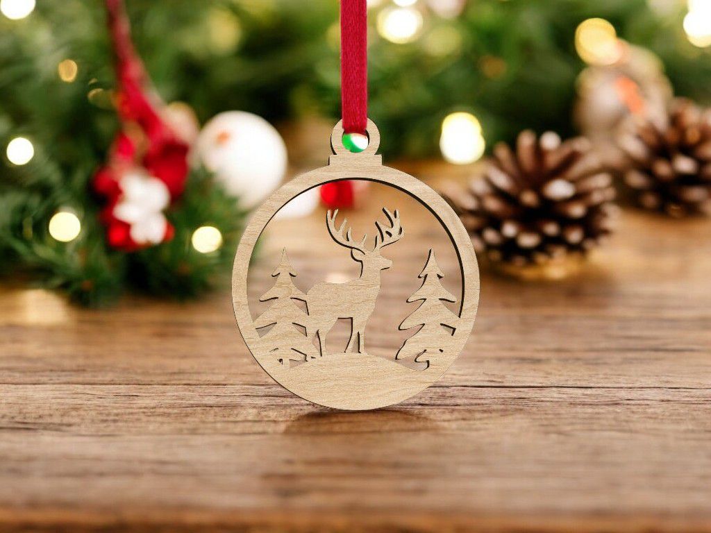 Laser Cut Christmas Tree with Deer Bauble Vector