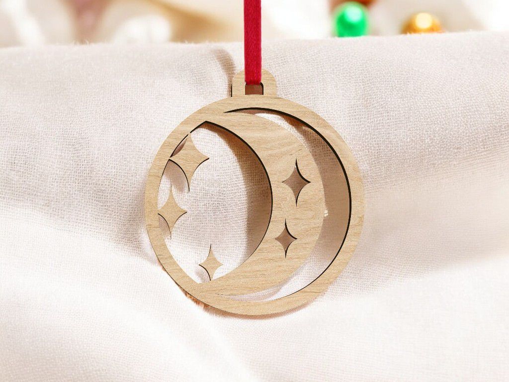 Laser Cut Crescent Moon with Stars Bauble Vector