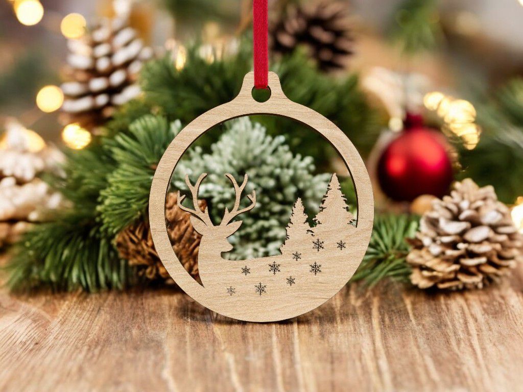 Laser Cut Deer and Trees Christmas Bauble Vector