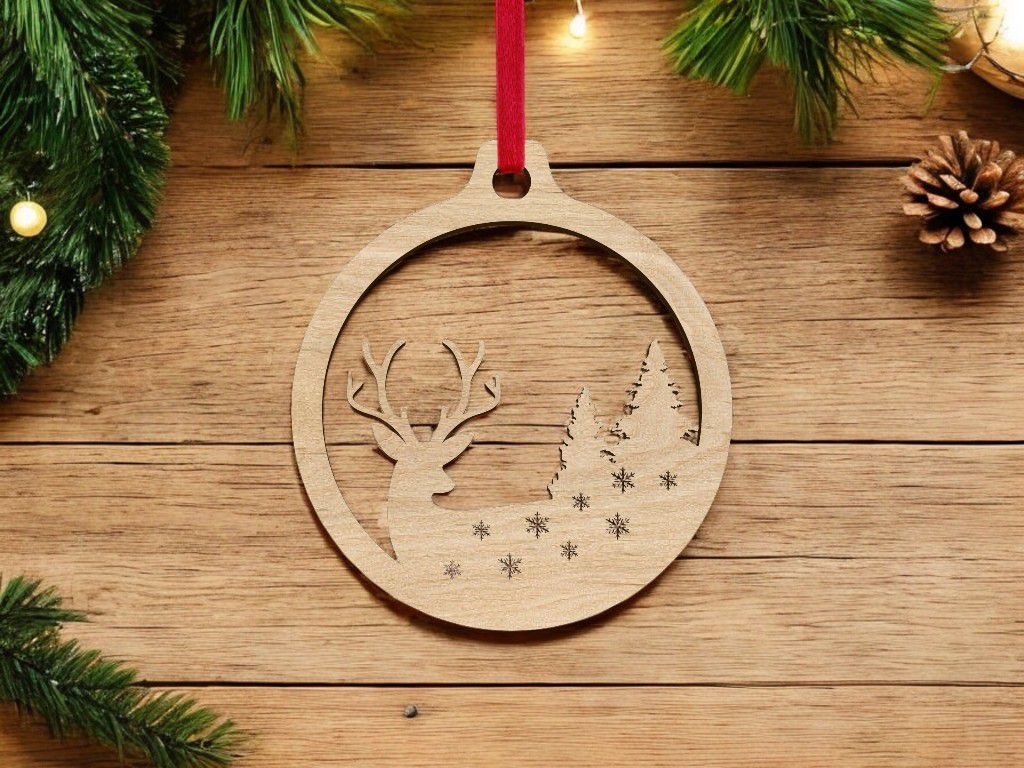 Laser Cut Deer and Trees Christmas Bauble Vector