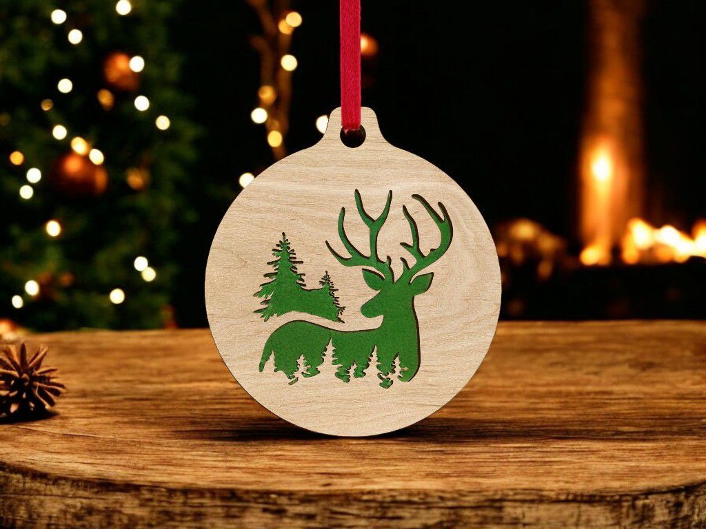 Laser Cut Reindeer and Trees Christmas Ornament Vector