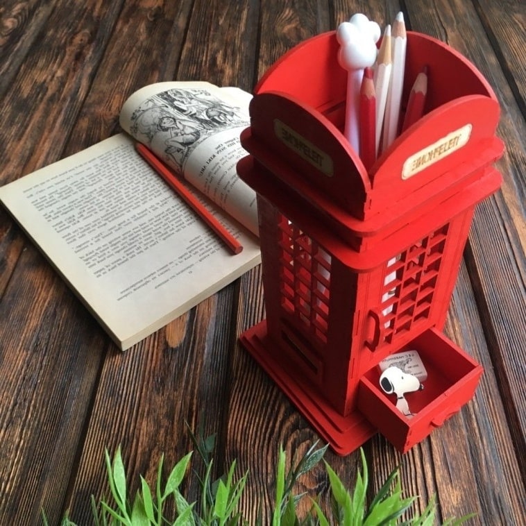 Telephone Booth Pencil Pen Holder with Drawer Laser Cut File