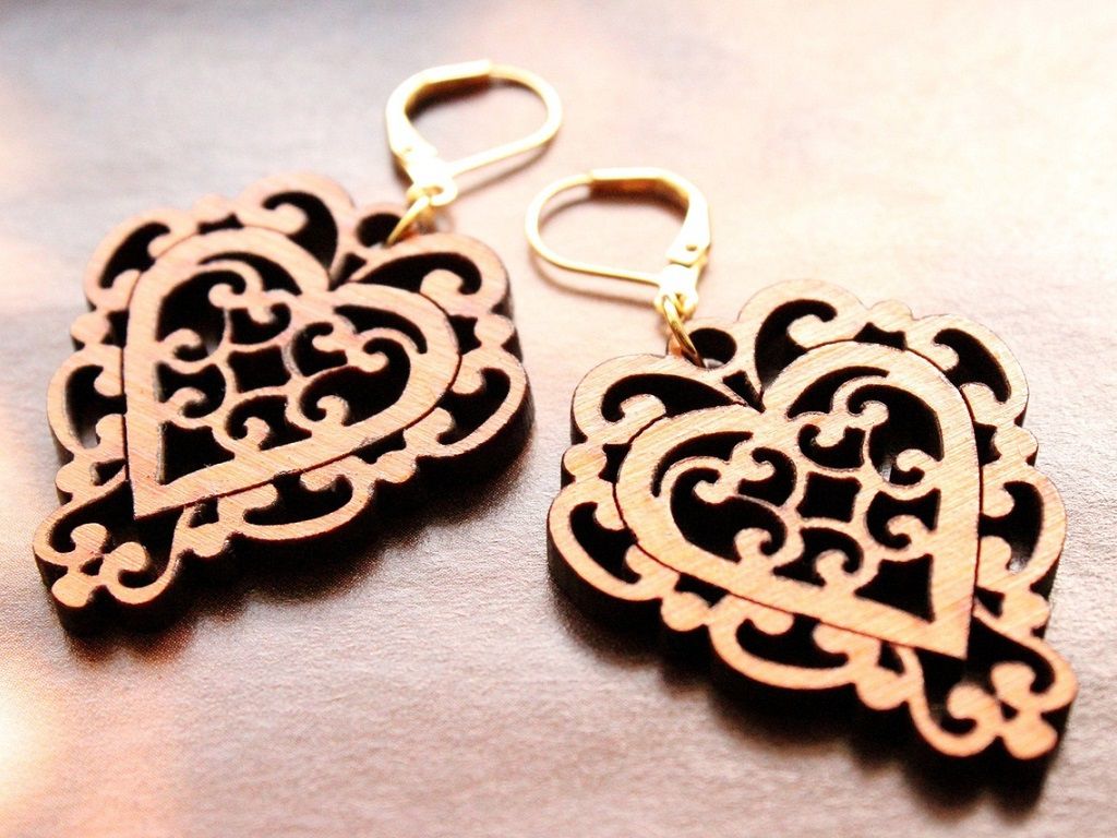 Laser Cut Wooden Heart Earrings Vector