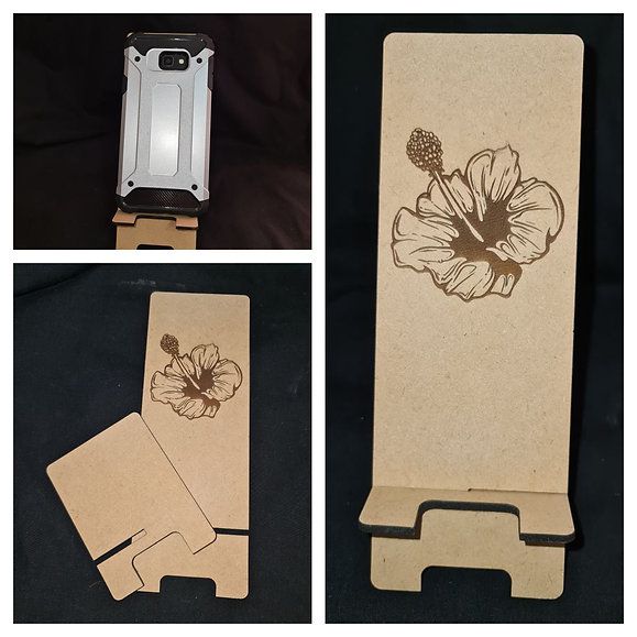 Laser Cut Mobile Phone Holder with Hibiscus Flower Engraving