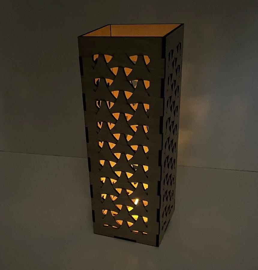 Laser Cut Wooden Table Lamp Shade with Intricate Geometric Cutout Pattern