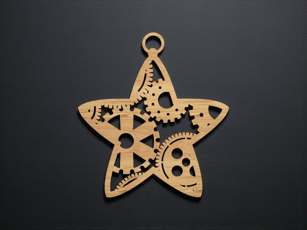 Laser Cut Star Shaped Christmas Ornament with Steampunk Gears Pattern