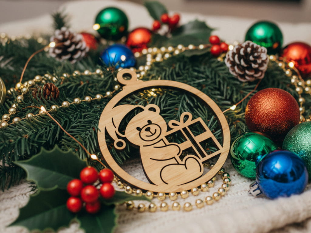 Laser Cut Teddy Bear Holding Present Christmas Ornament