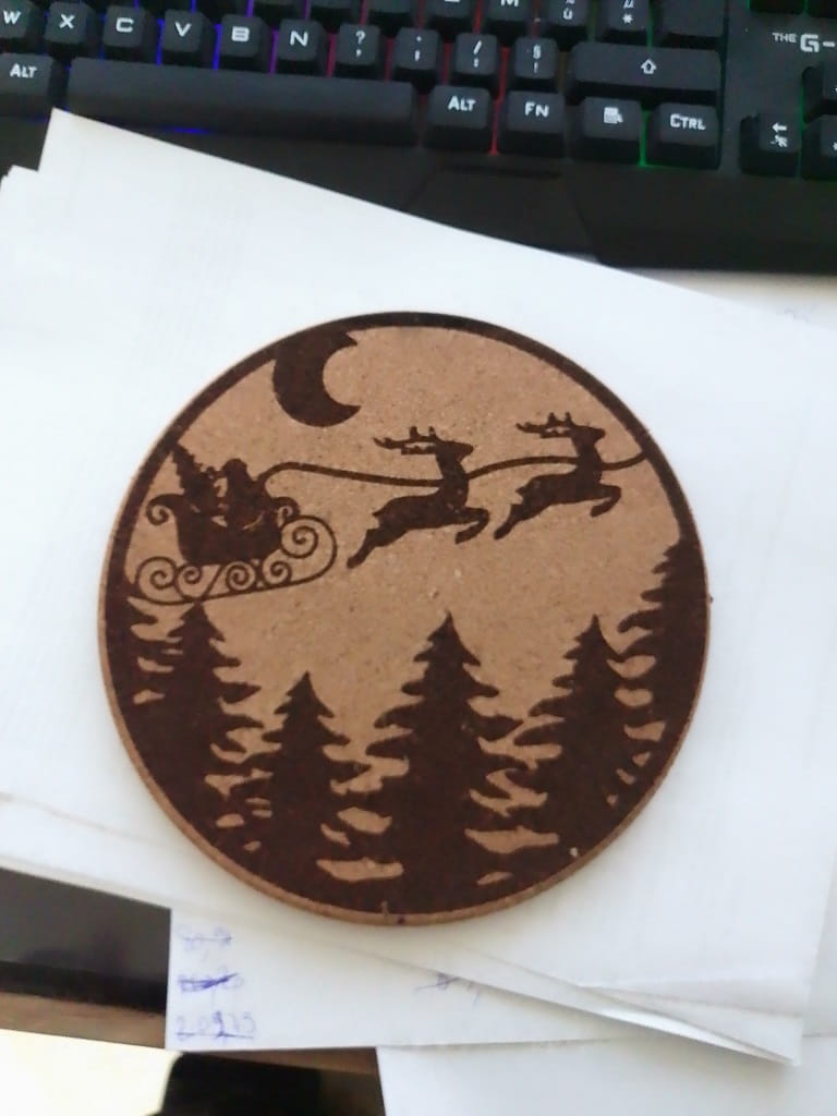 Laser Engraved Santa Sleigh and Flying Reindeer Over Forest Ornament