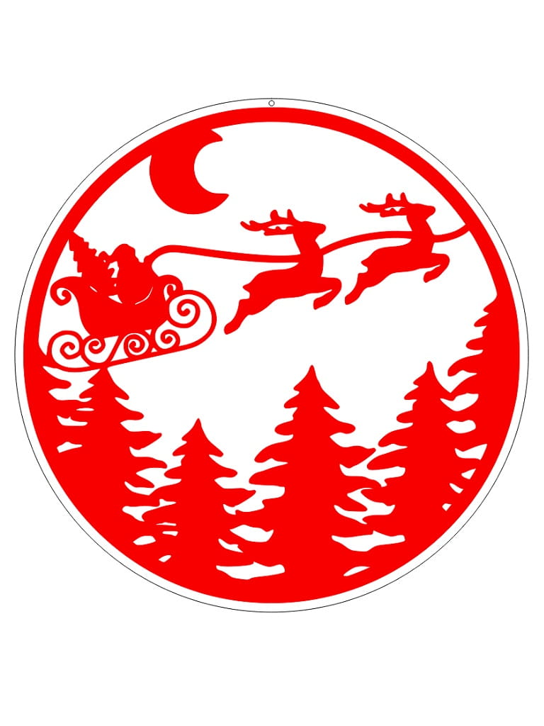Laser Engraved Santa Sleigh and Flying Reindeer Over Forest Ornament