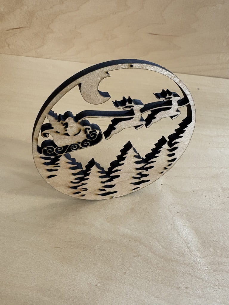 Laser Cut Santa Sleigh Reindeer Flying Over Christmas Ornament