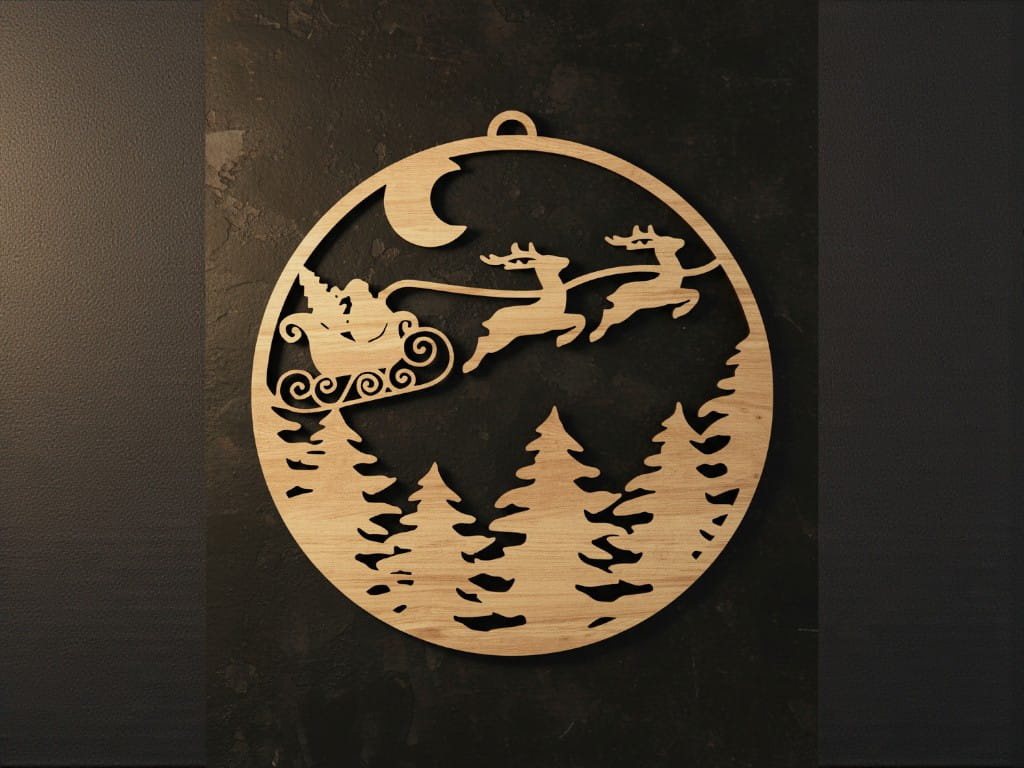 Laser Cut Santa Claus Sleigh and Reindeer Flying Over Forest Ornament
