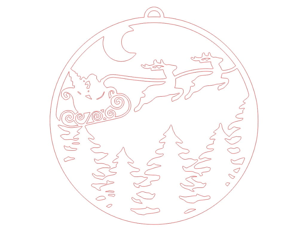 Laser Cut Santa Claus Sleigh and Reindeer Flying Over Forest Ornament