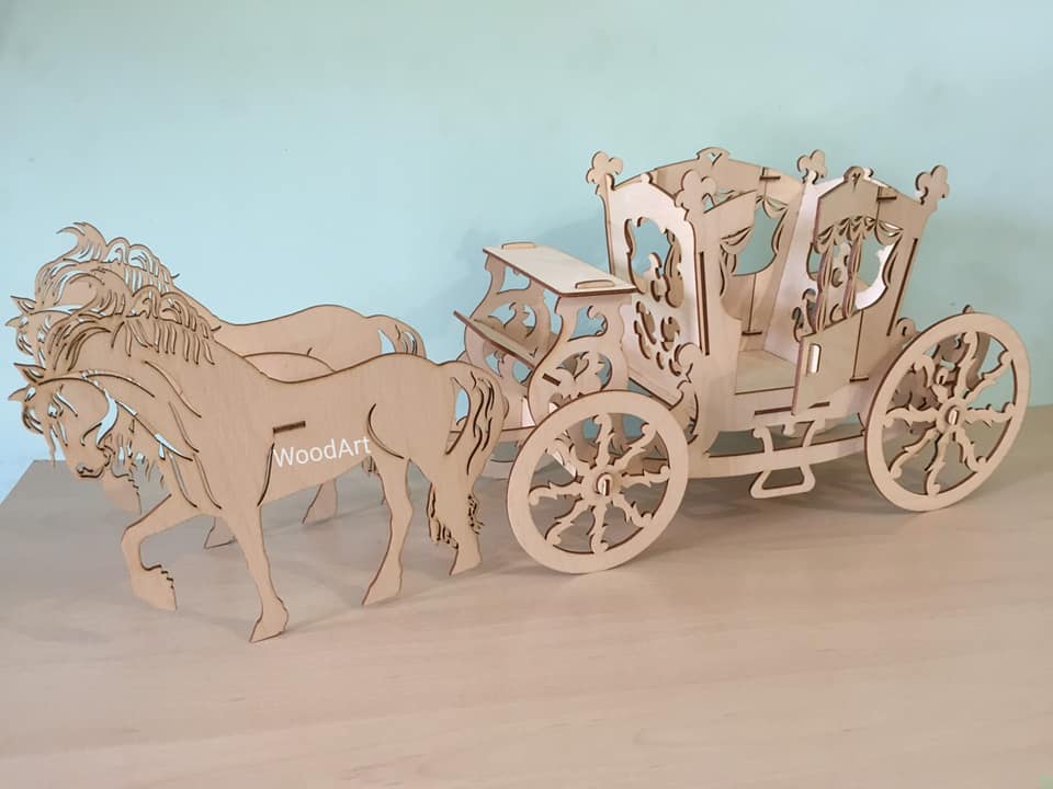 Laser Cut Wooden Horse and Carriage 3D Wood Model Puzzle
