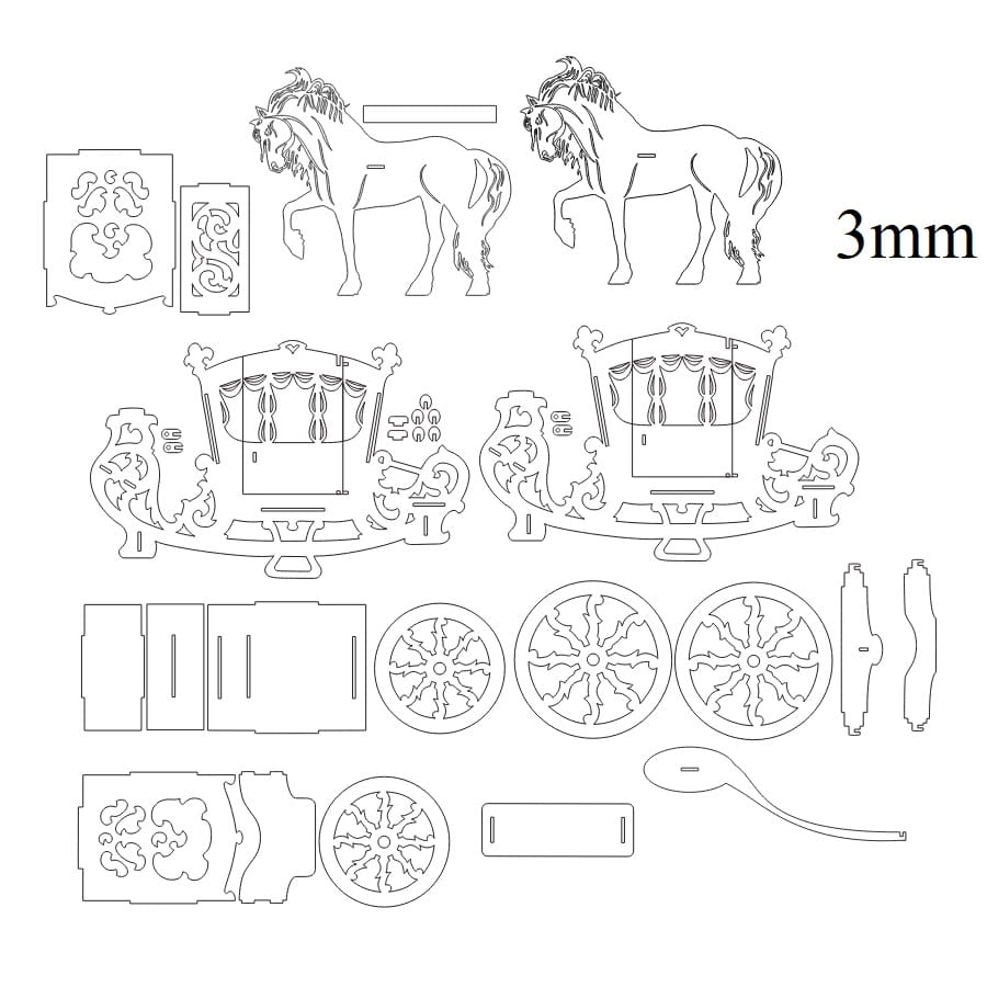 Laser Cut Wooden Horse and Carriage 3D Wood Model Puzzle