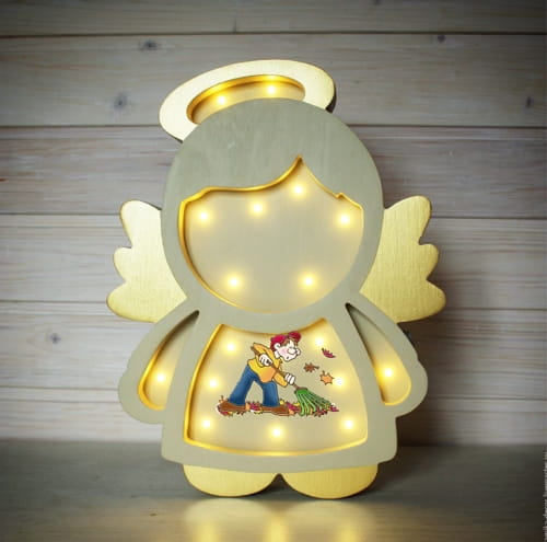 Laser Cut Wooden Angel Night Light for Kids Room