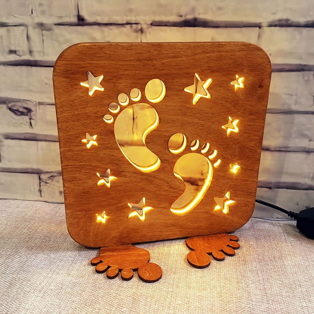 Laser Cut Wooden LED Night Light with Baby Footprint and Star Design